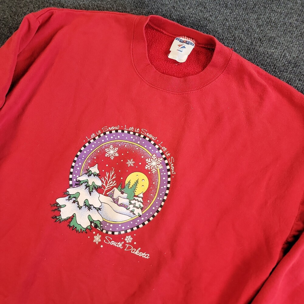 Vintage Chrismtas Winter Sweatshirt Let It Snow South Dakota Red Crew Neck XL